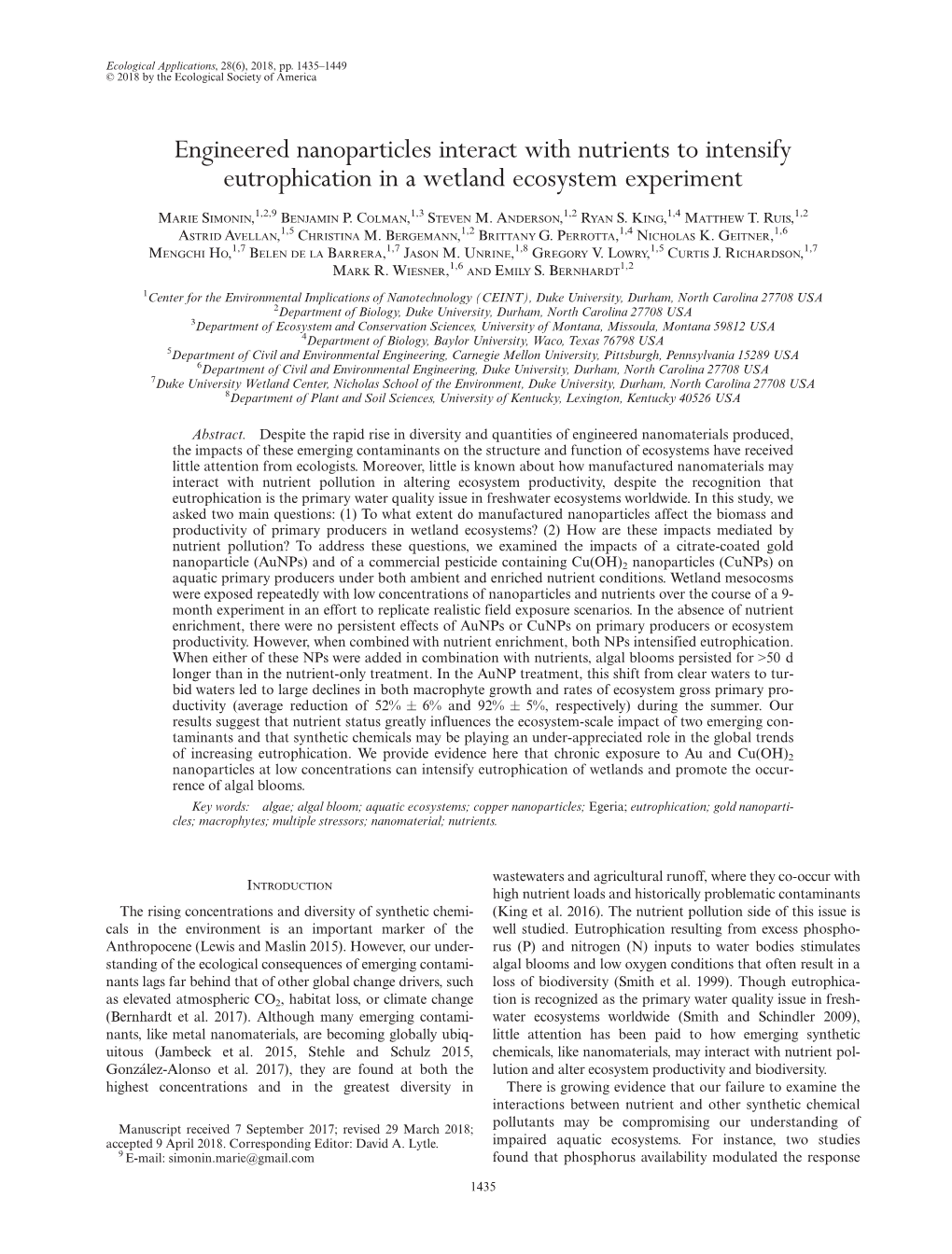 Engineered Nanoparticles Interact with Nutrients to Intensify Eutrophication in a Wetland Ecosystem Experiment