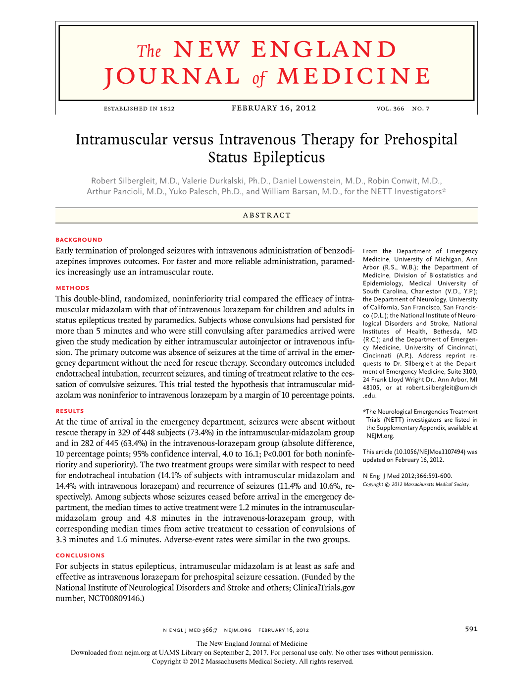 Intramuscular Versus Intravenous Therapy for Prehospital Status Epilepticus