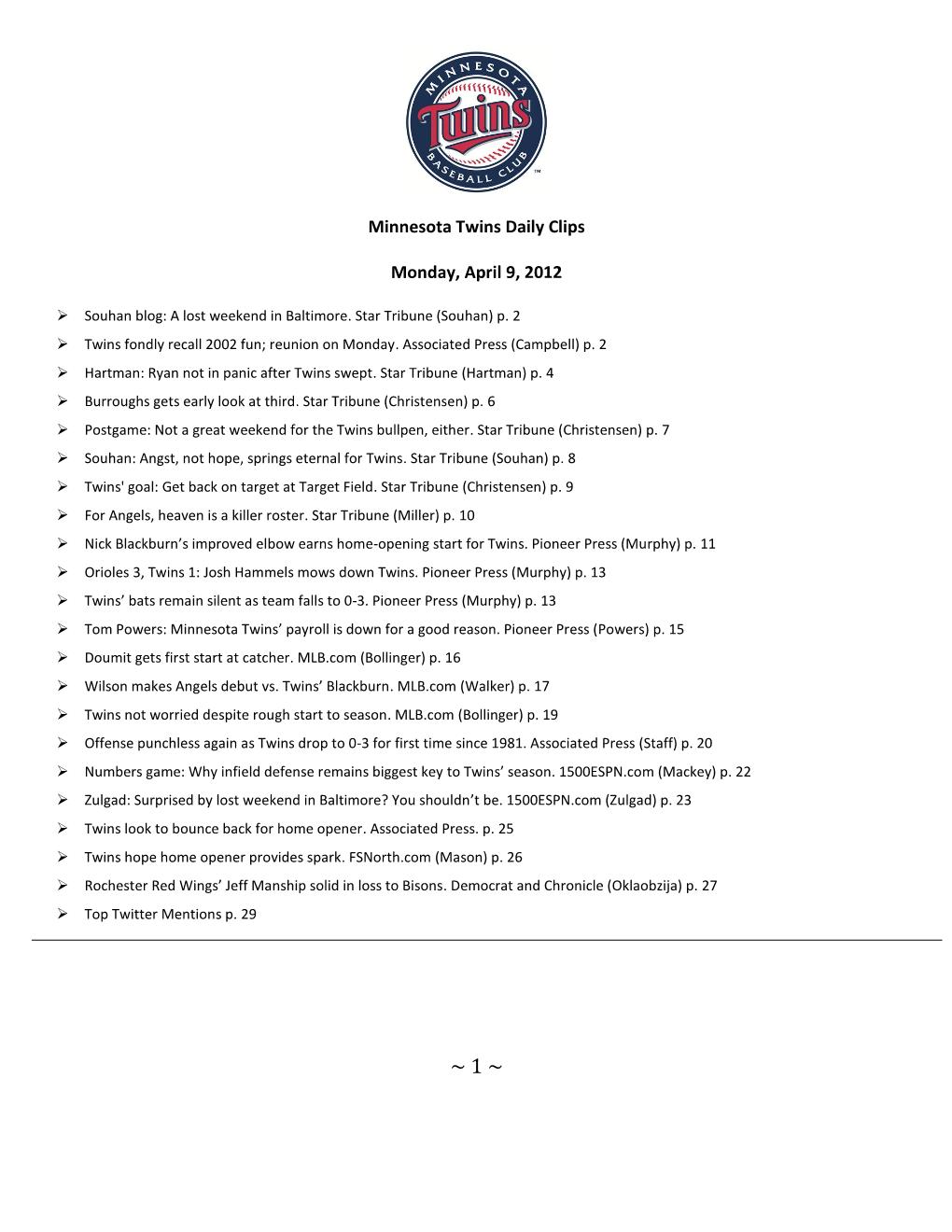 Minnesota Twins Daily Clips Monday, April 9, 2012