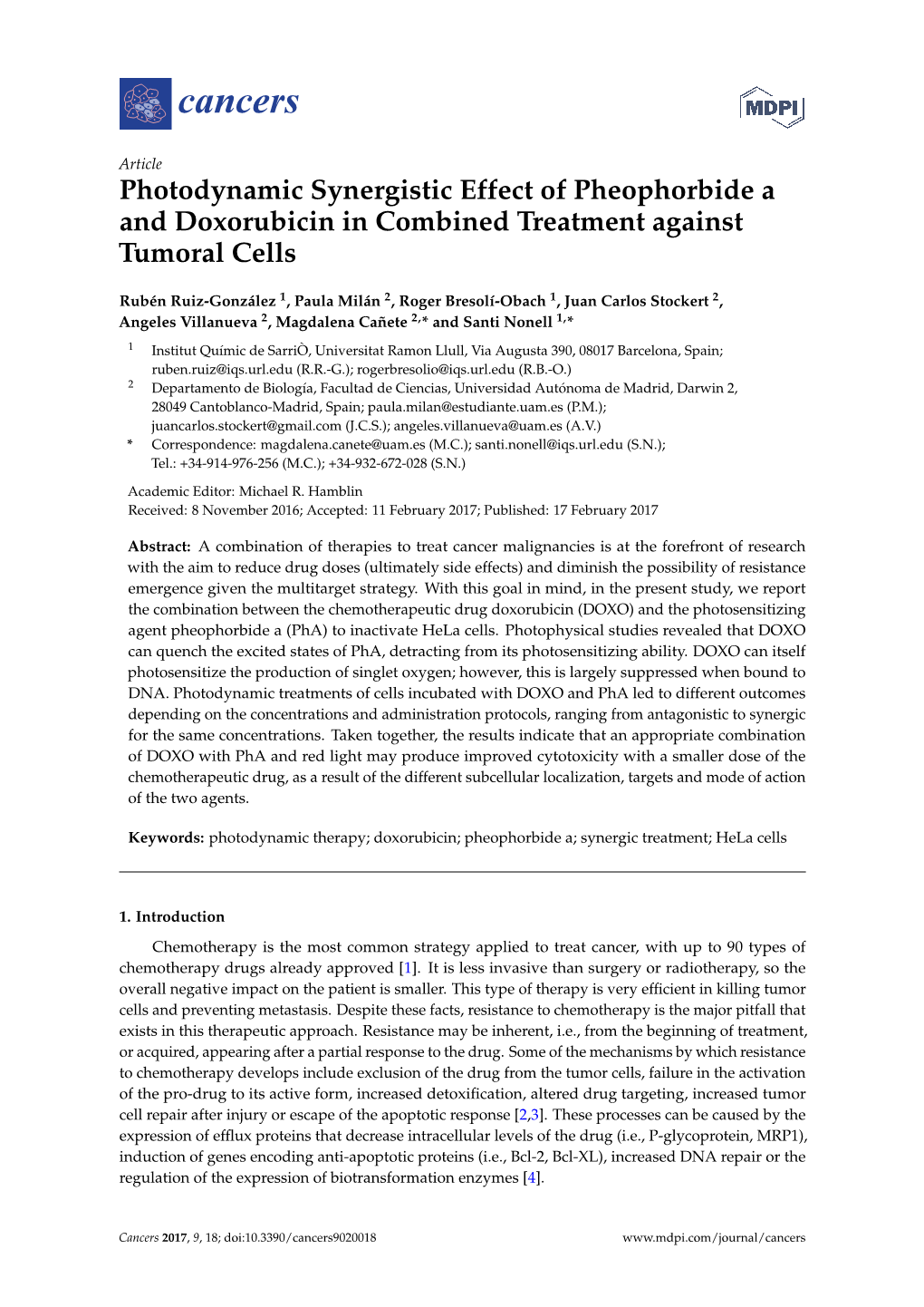 Photodynamic Synergistic Effect of Pheophorbide a and Doxorubicin in Combined Treatment Against Tumoral Cells