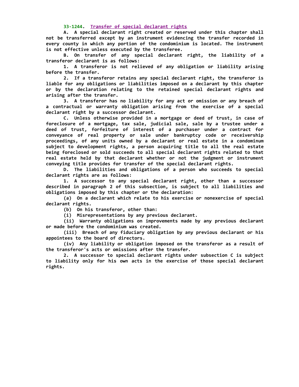 33-1244; Transfer of Special Declarant Rights