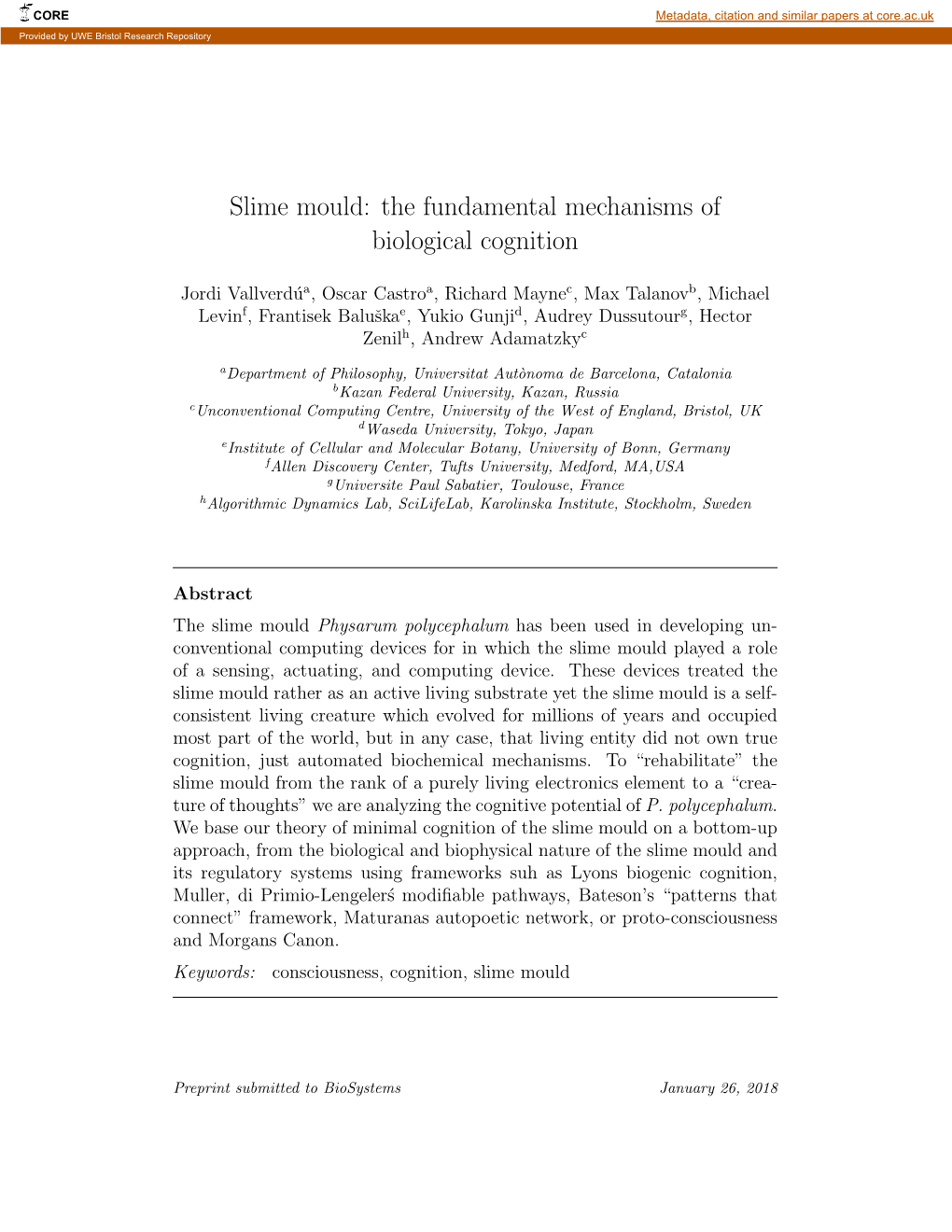 Slime Mould: the Fundamental Mechanisms of Biological Cognition