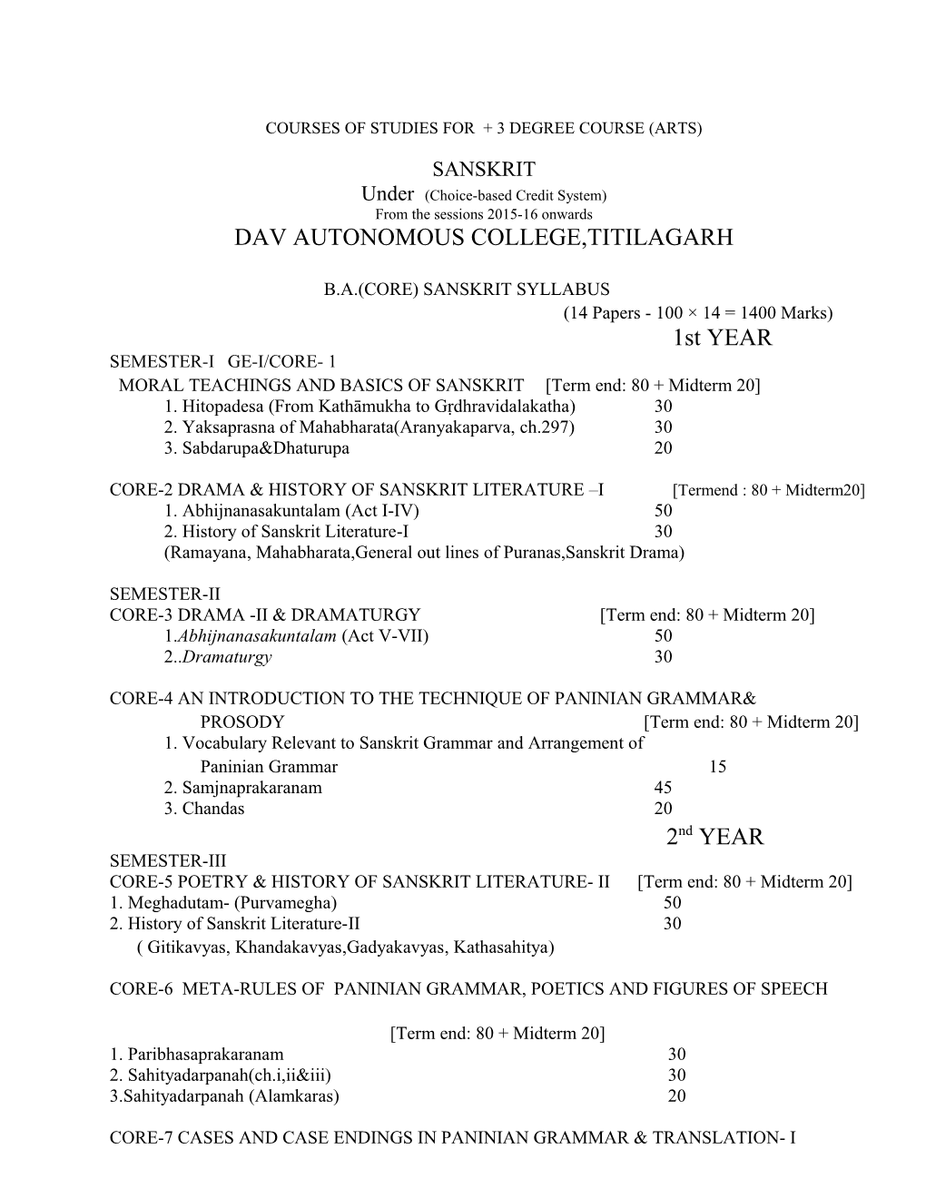 Courses of Studies for + 3 Degree Course (Arts)