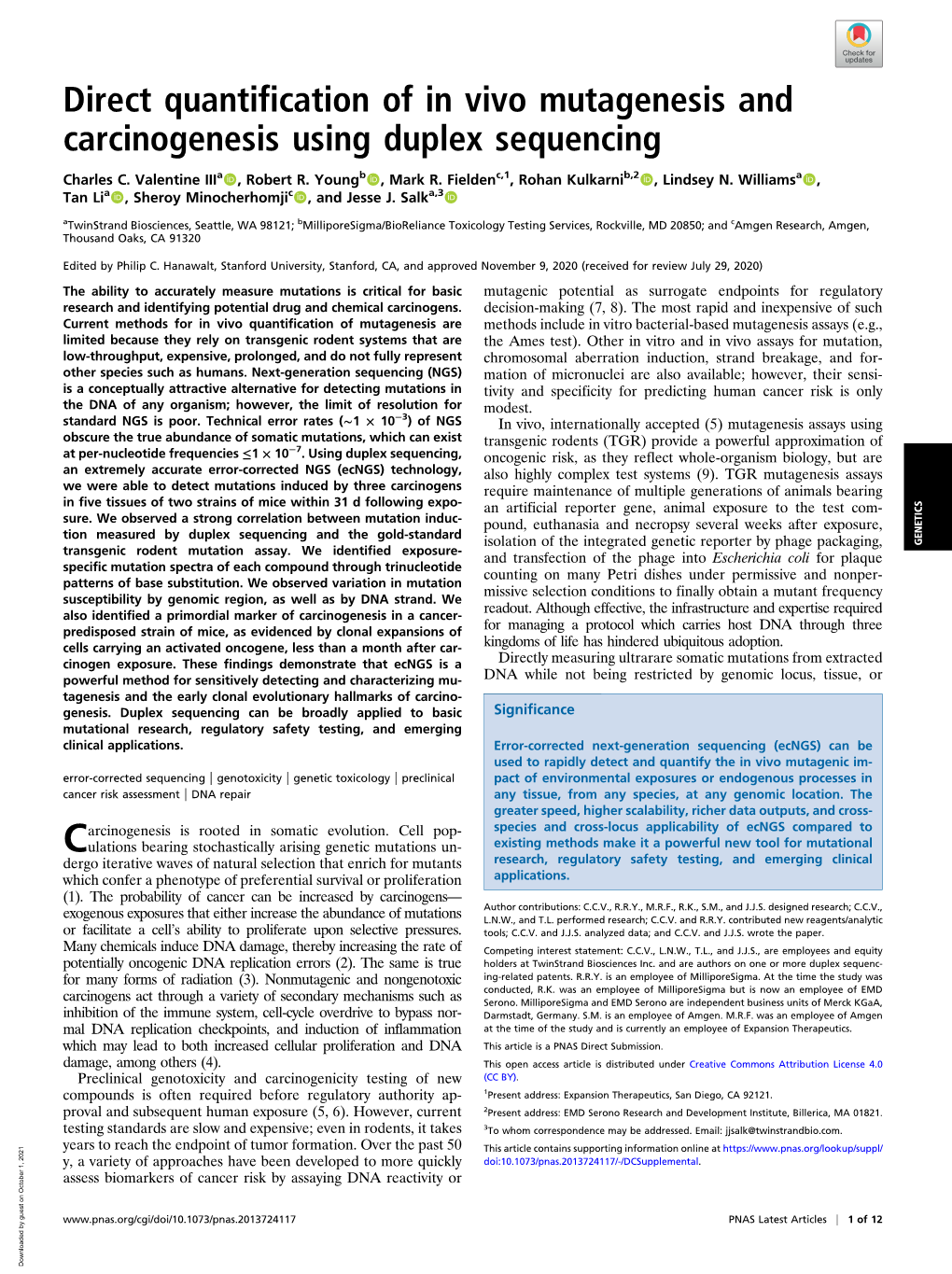 Direct Quantification of in Vivo Mutagenesis and Carcinogenesis Using Duplex Sequencing