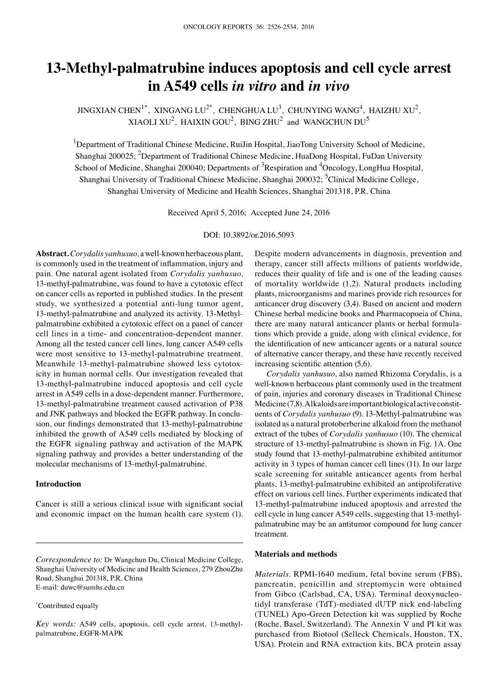 13-Methyl-Palmatrubine Induces Apoptosis and Cell Cycle Arrest in A549 Cells in Vitro and in Vivo