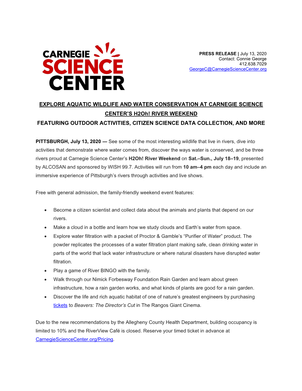 EXPLORE AQUATIC WILDLIFE and WATER CONSERVATION at CARNEGIE SCIENCE CENTER's H2oh! RIVER WEEKEND FEATURING OUTDOOR ACTIVITIES