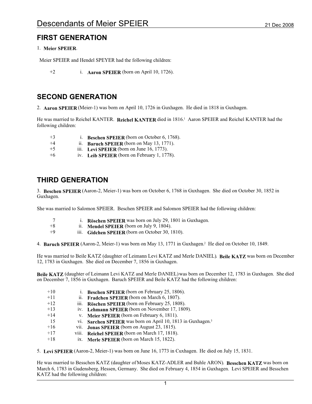 Descendants of Meier SPEIER 21 Dec 2008 FIRST GENERATION