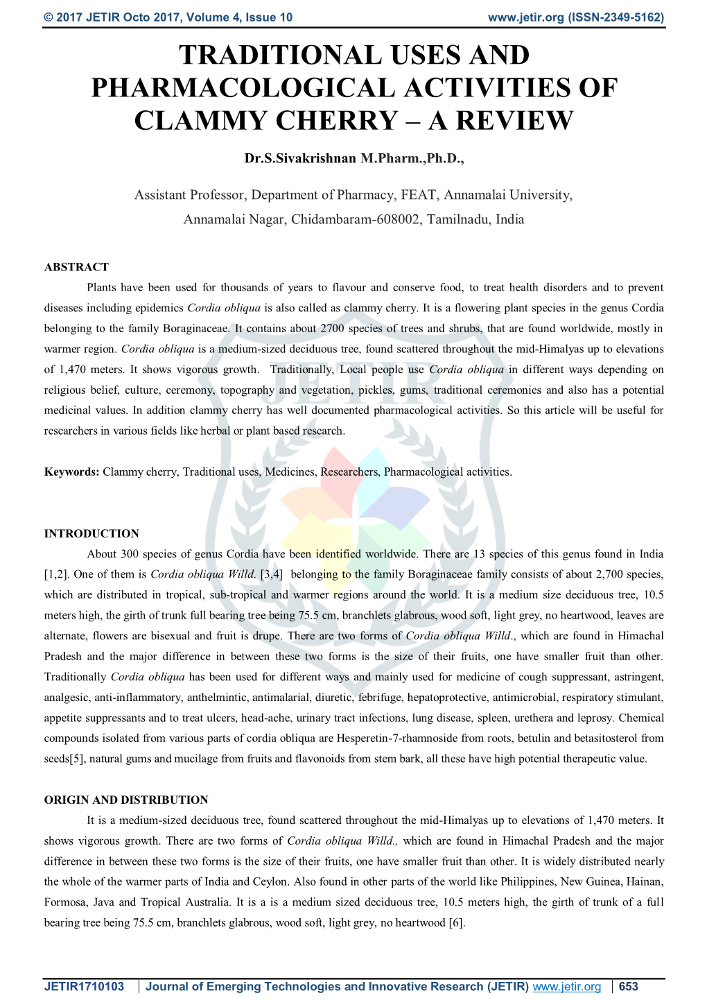 Traditional Uses and Pharmacological Activities of Clammy Cherry – a Review