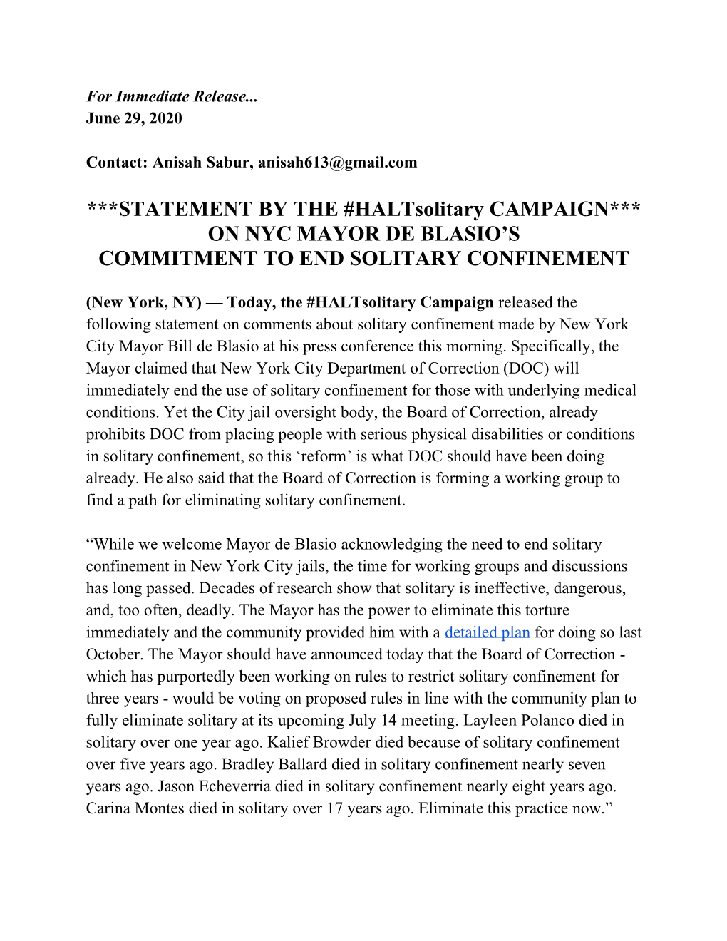 STATEMENT by the #Haltsolitary CAMPAIGN*** on NYC MAYOR DE BLASIO’S COMMITMENT to END SOLITARY CONFINEMENT