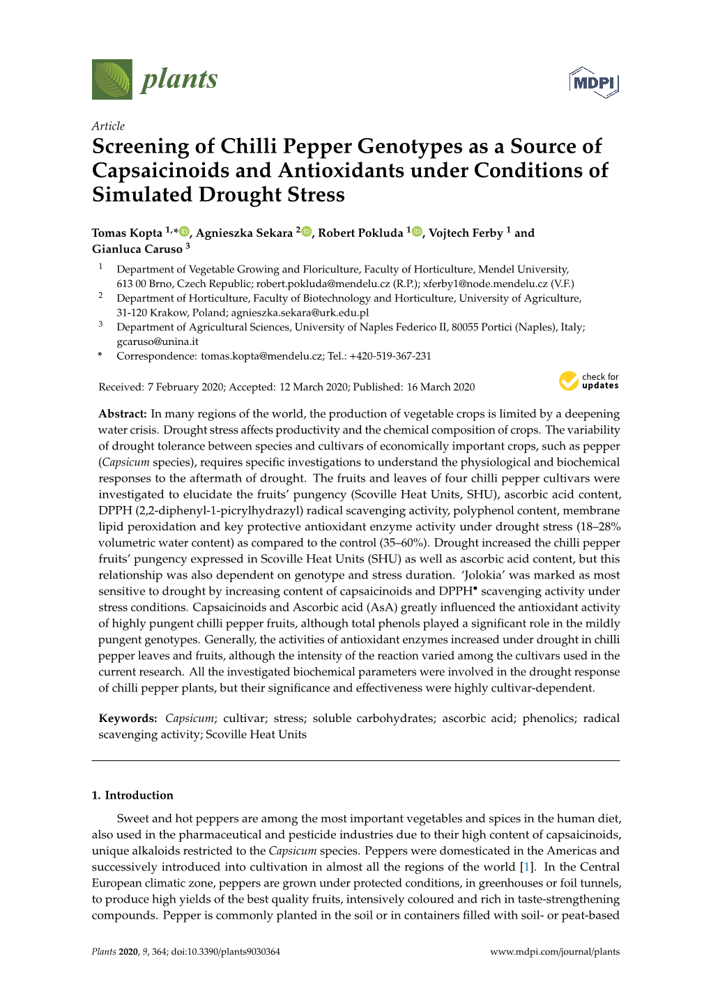 Screening of Chilli Pepper Genotypes As a Source of Capsaicinoids and Antioxidants Under Conditions of Simulated Drought Stress