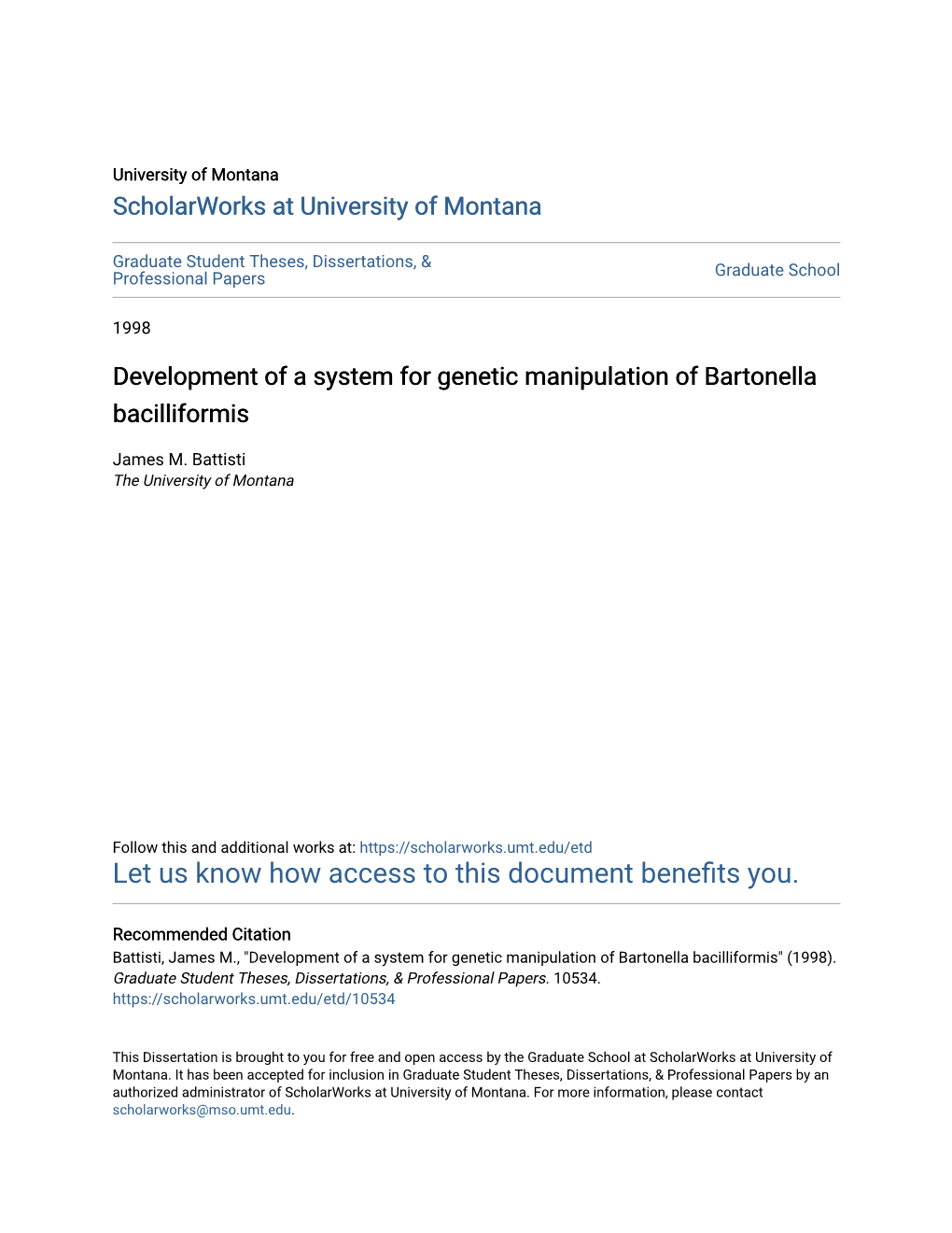 Development of a System for Genetic Manipulation of Bartonella Bacilliformis