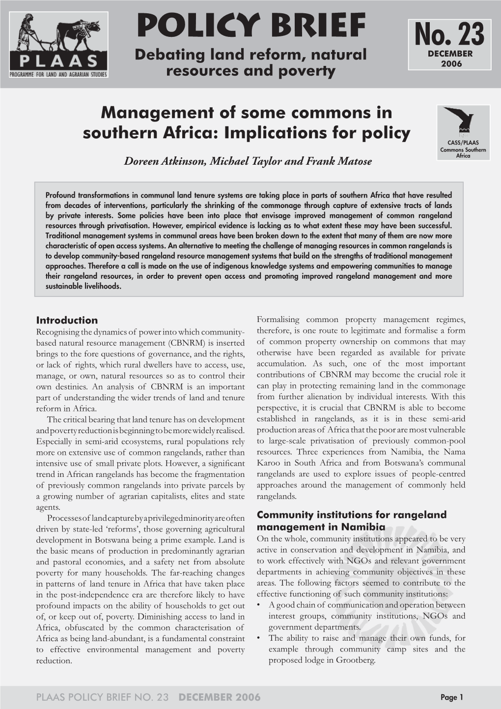 No. 23 Debating Land Reform, Natural DECEMBER Resources and Poverty 2006