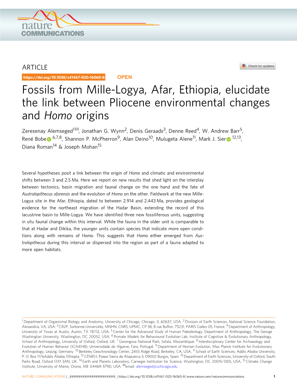 Fossils from Mille-Logya, Afar, Ethiopia, Elucidate the Link Between Pliocene Environmental Changes and Homo Origins