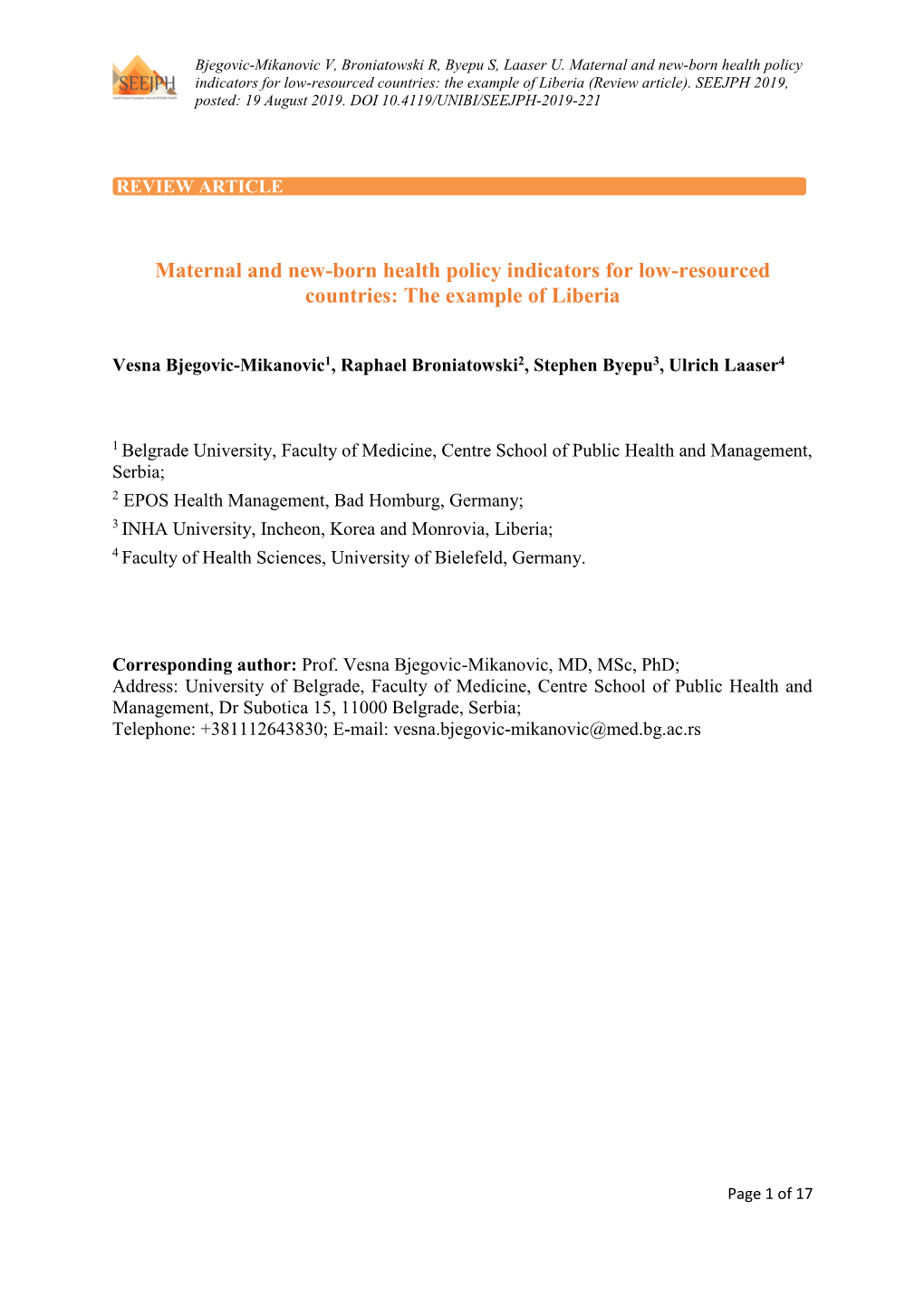 Maternal and New-Born Health Policy Indicators for Low-Resourced Countries: the Example of Liberia (Review Article)