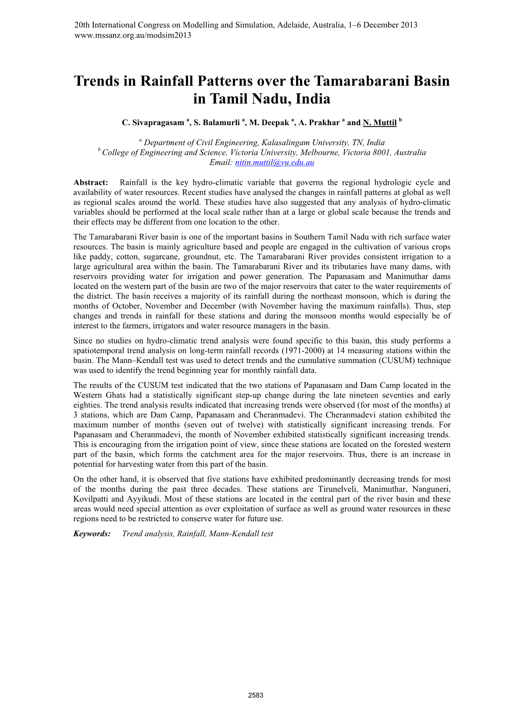 Trends in Rainfall Patterns Over the Tamarabarani Basin in Tamil Nadu, India