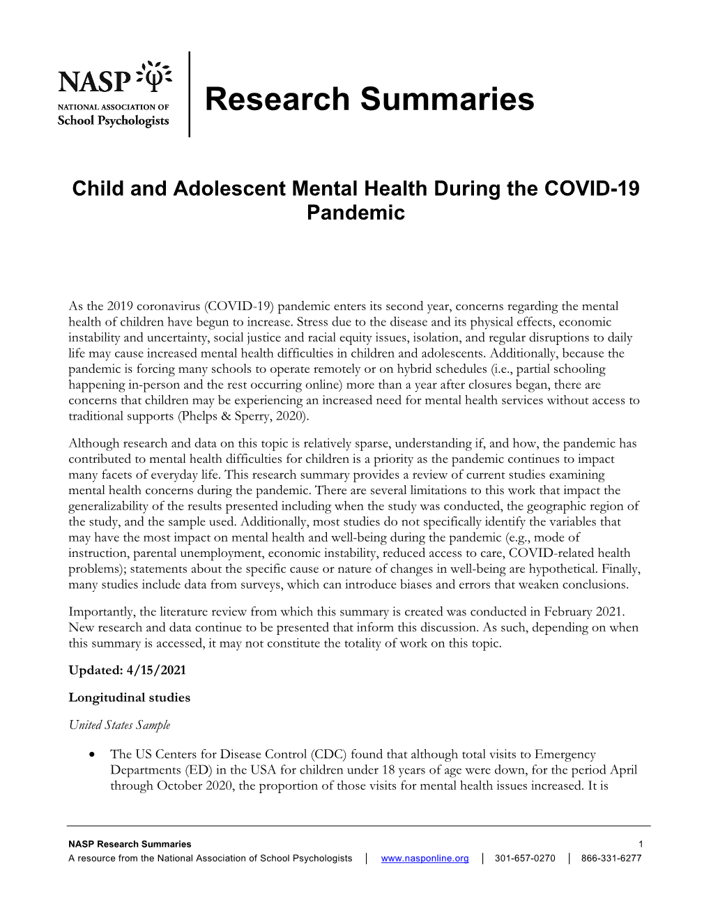 Child and Adolescent Mental Health During the COVID-19 Pandemic Research Summary