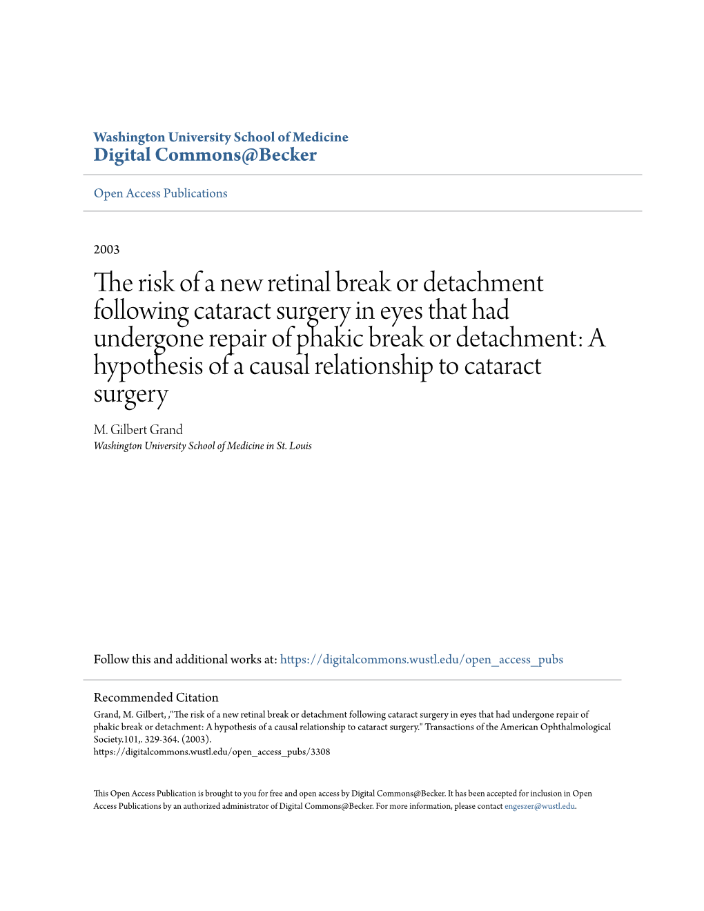 The Risk of a New Retinal Break Or Detachment Following Cataract