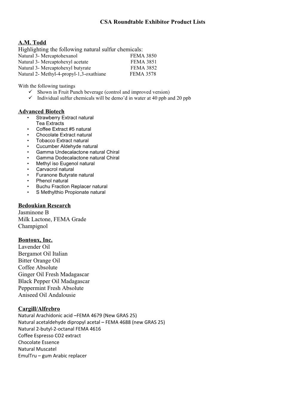 Roundtable Product Lists