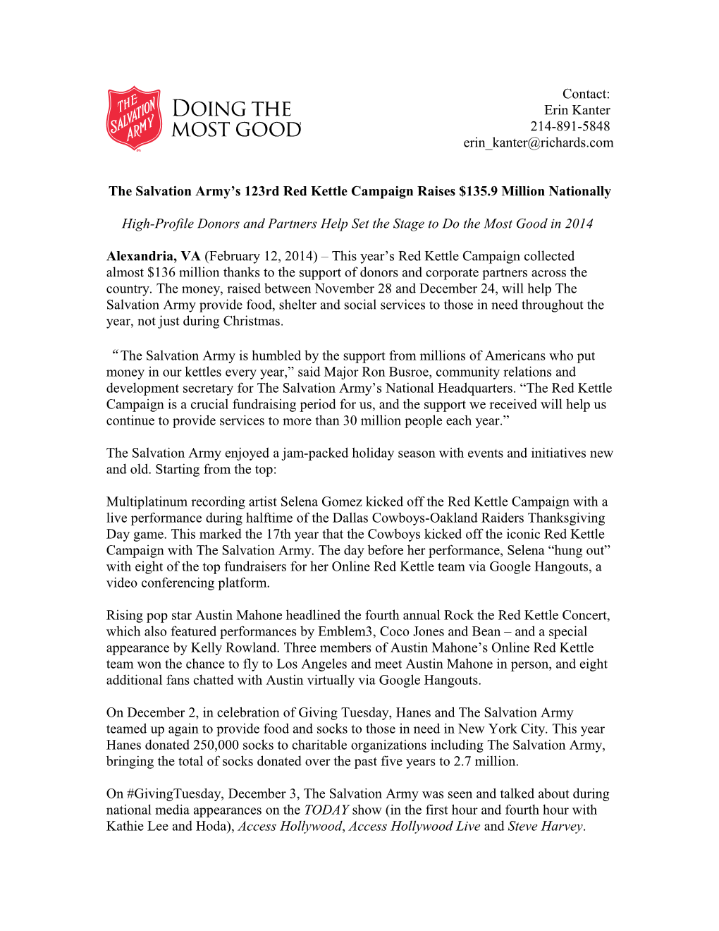 The Salvation Army S 123Rd Red Kettle Campaign Raises $135.9 Million Nationally