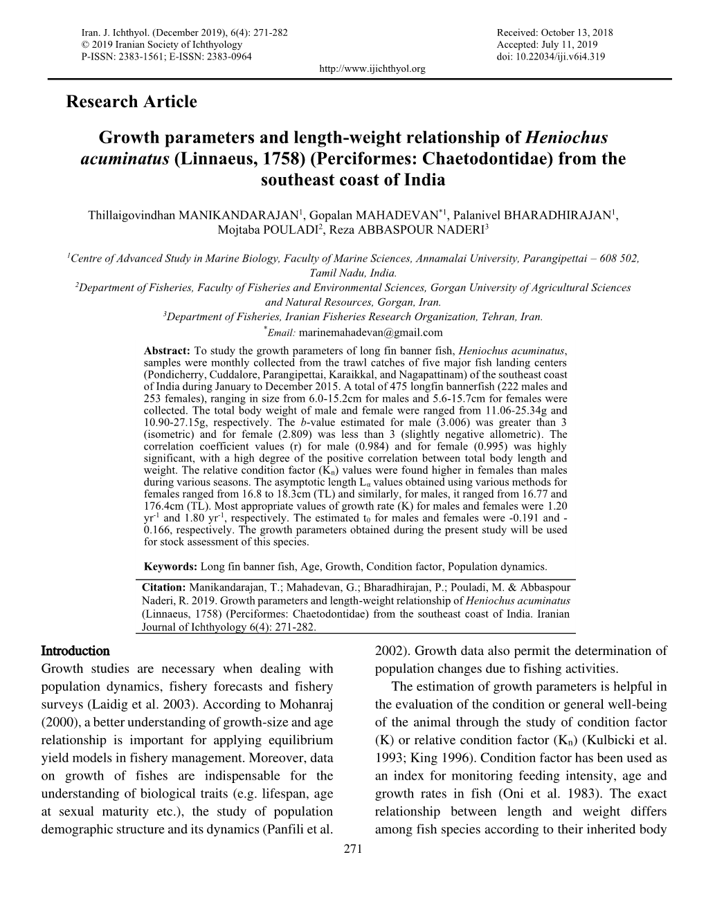 Research Article Growth Parameters and Length-Weight Relationship of Heniochus Acuminatus