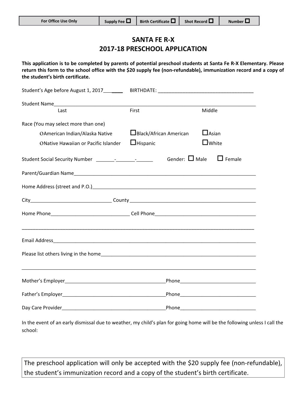 2017-18 Preschool Application