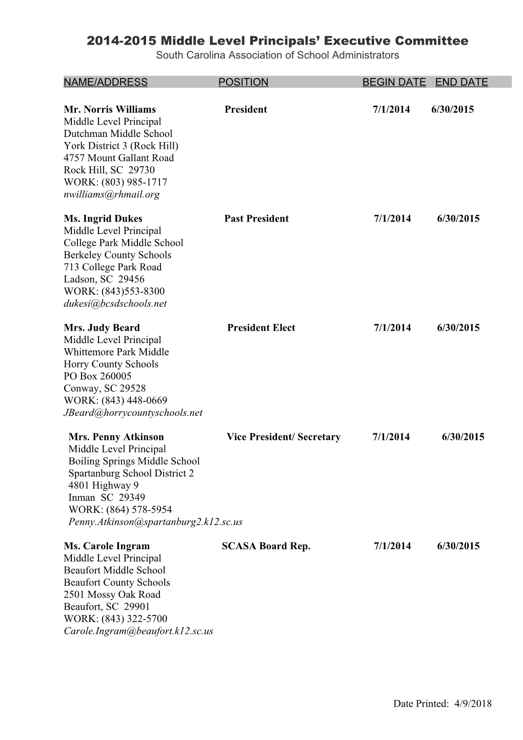 2014-2015 Middle Level Principals Executive Committee