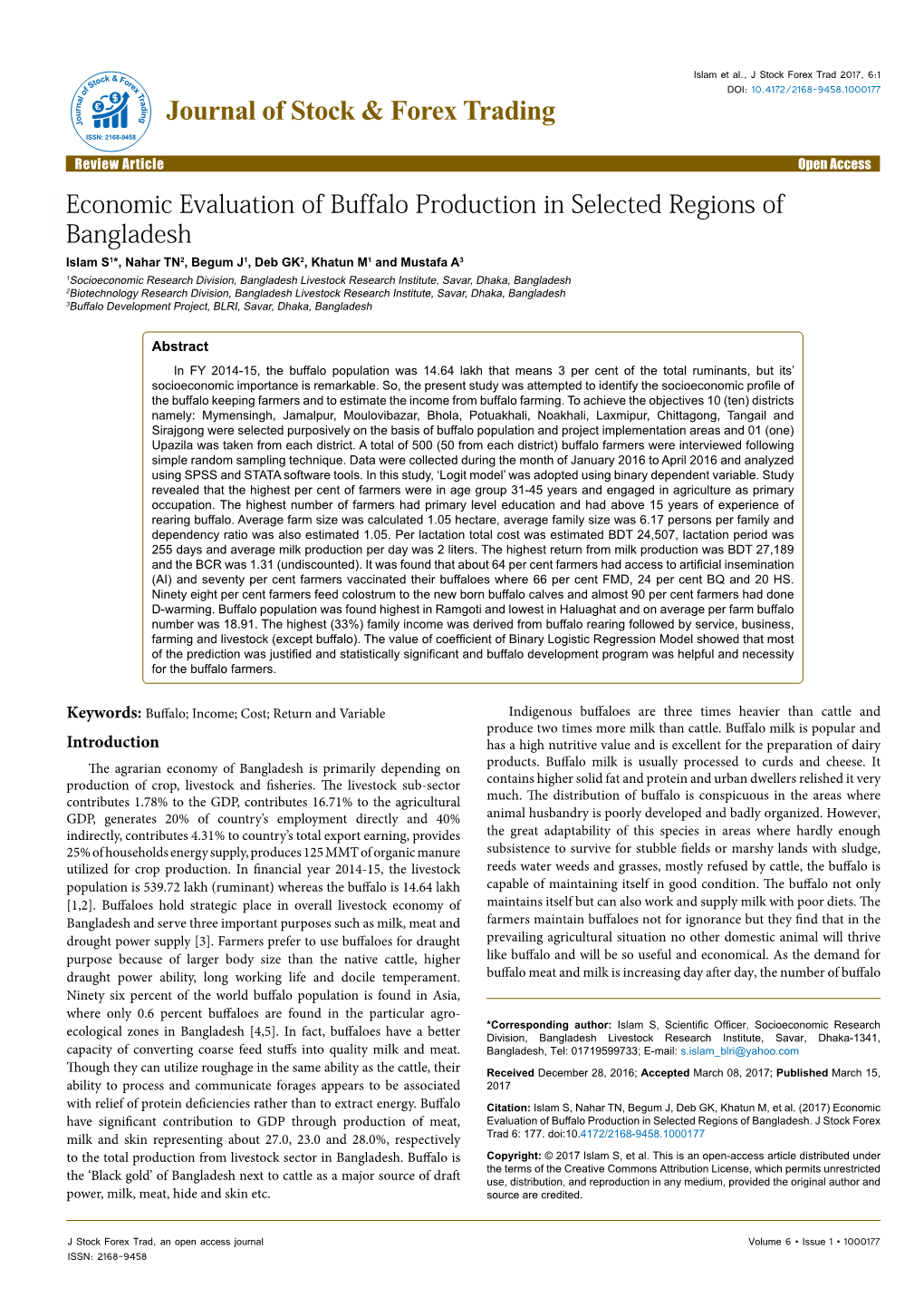 Economic Evaluation of Buffalo Production in Selected Regions of Bangladesh
