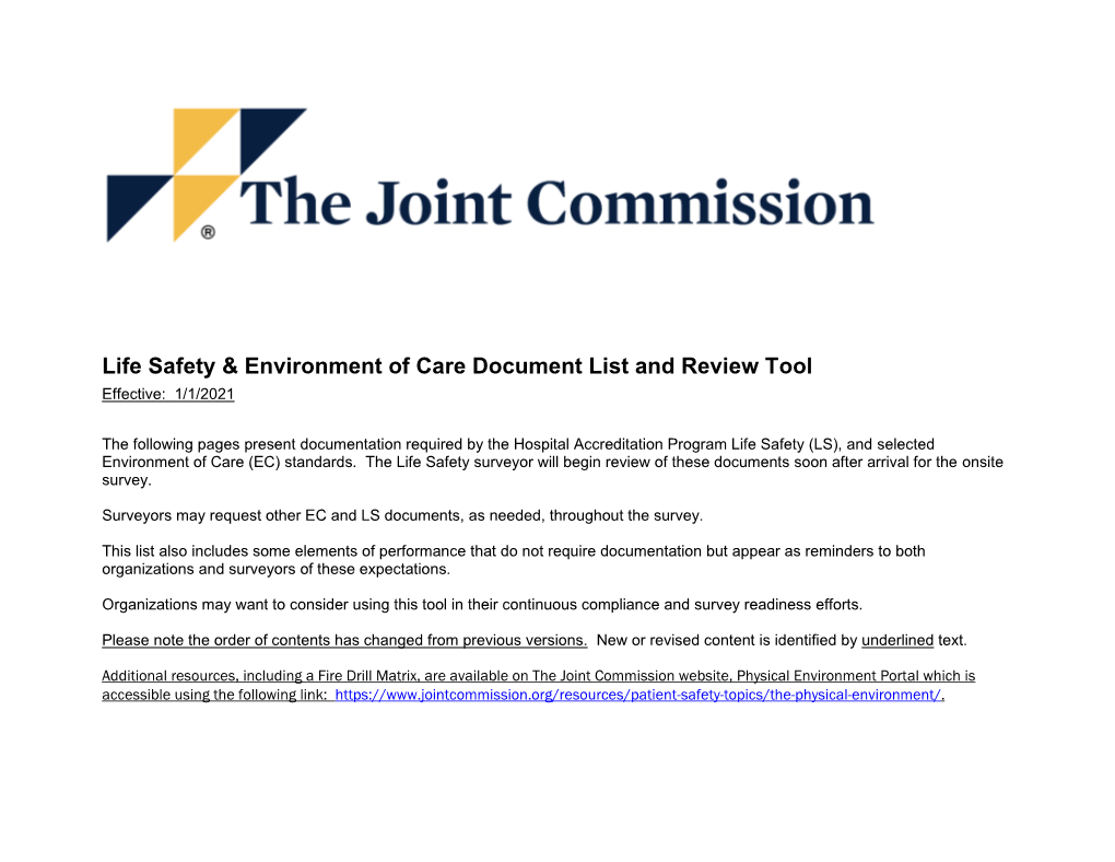 Life Safety & Environment of Care Document List and Review Tool