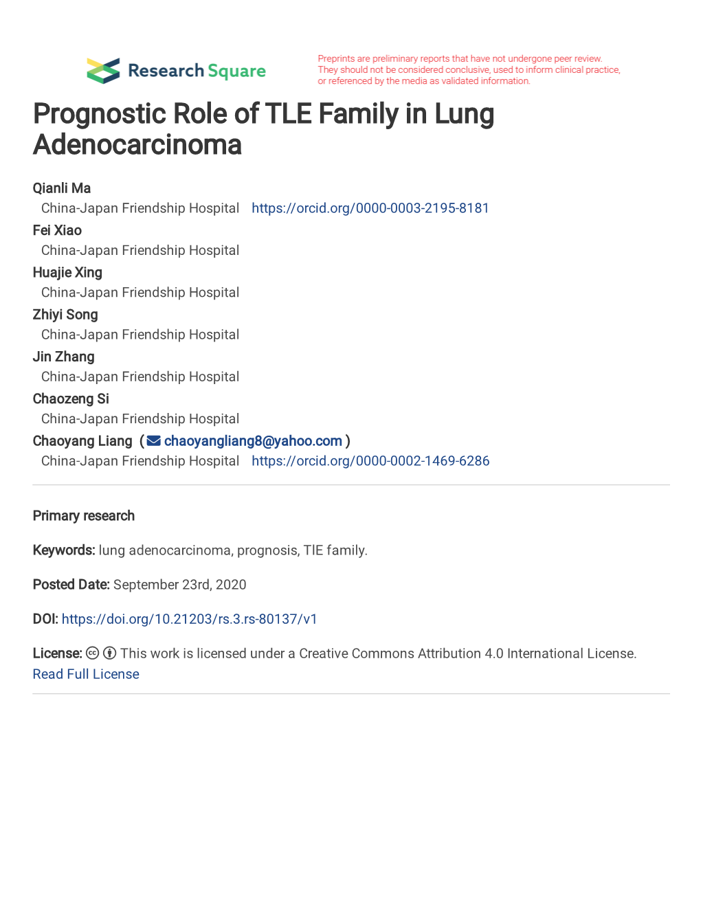 Prognostic Role of TLE Family in Lung Adenocarcinoma Authors And