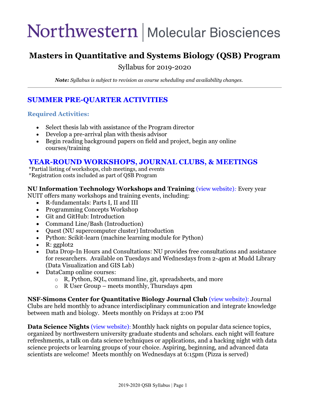 Masters in Quantitative and Systems Biology (QSB) Program