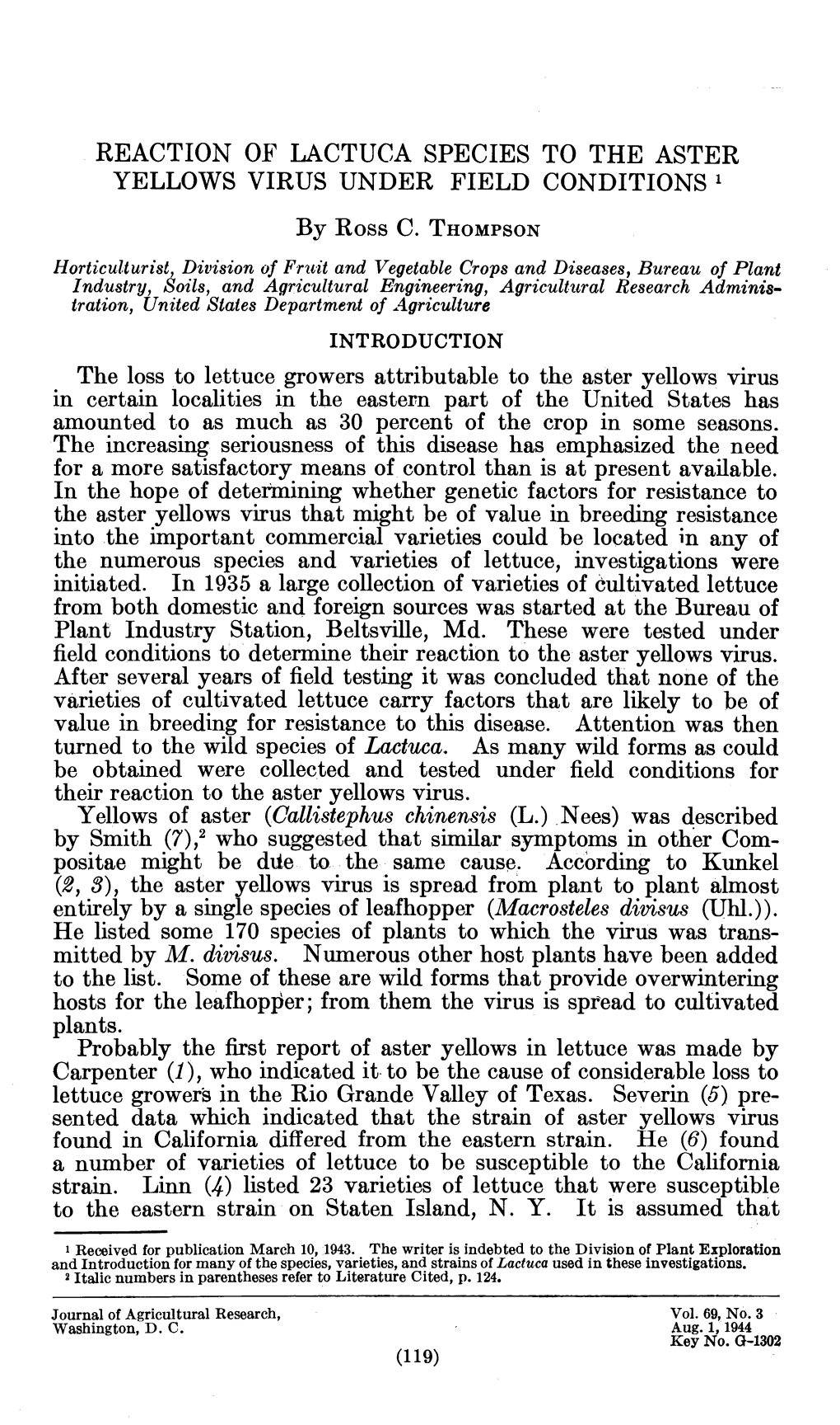 Reaction of Lactuca Species to the Aster Yellows Virus Under Field Conditions '