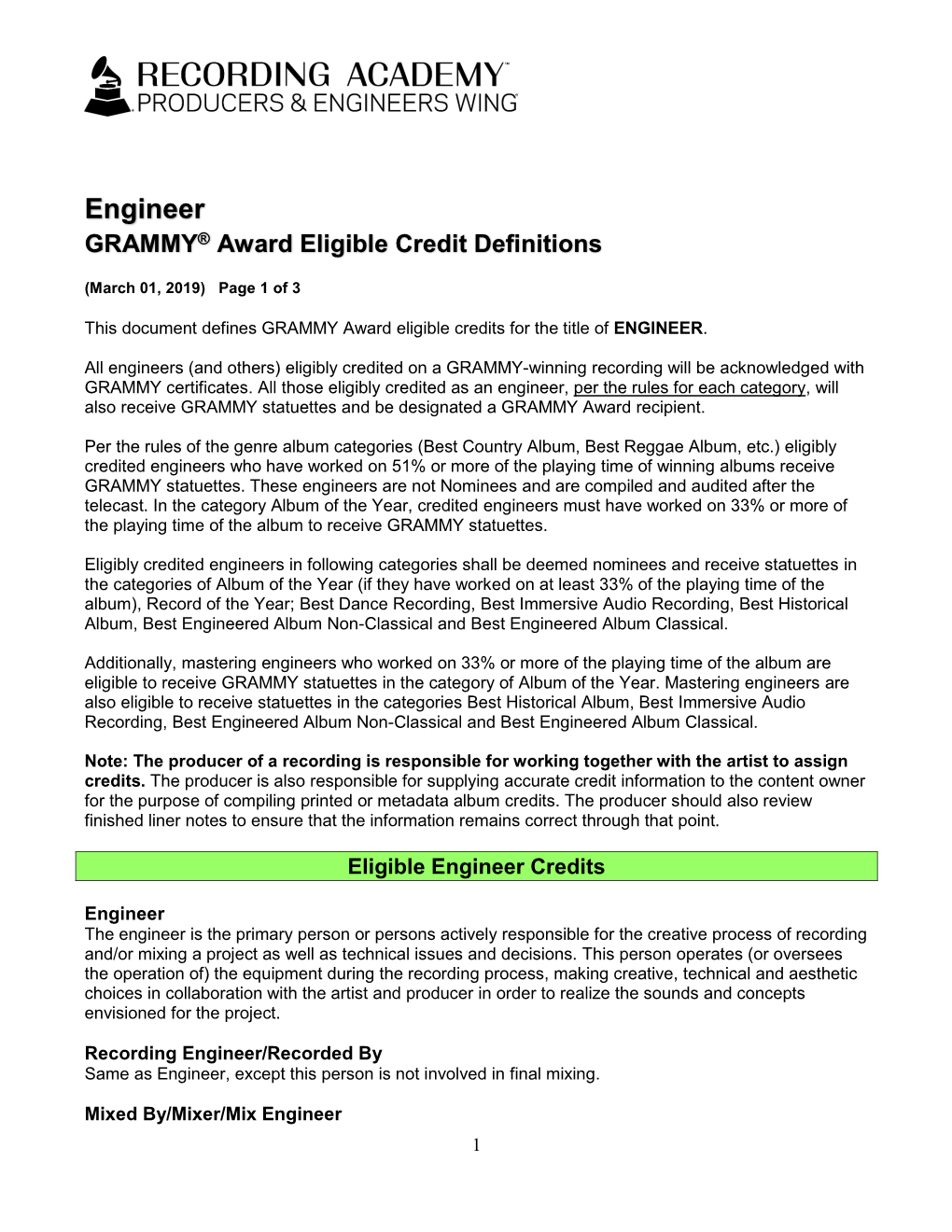 Engineer GRAMMY® Award Eligible Credit Definitions