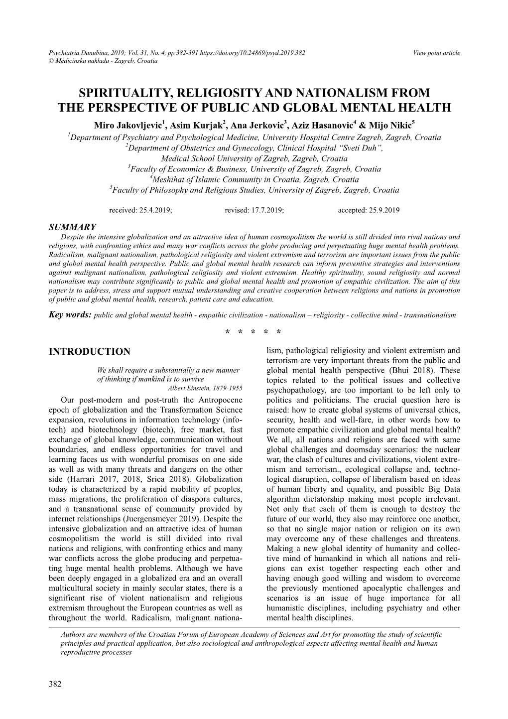 Spirituality, Religiosity and Nationalism from the Perspective of Public and Global Mental Health