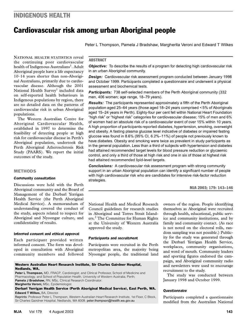 Cardiovascular Risk Among Urban Aboriginal People