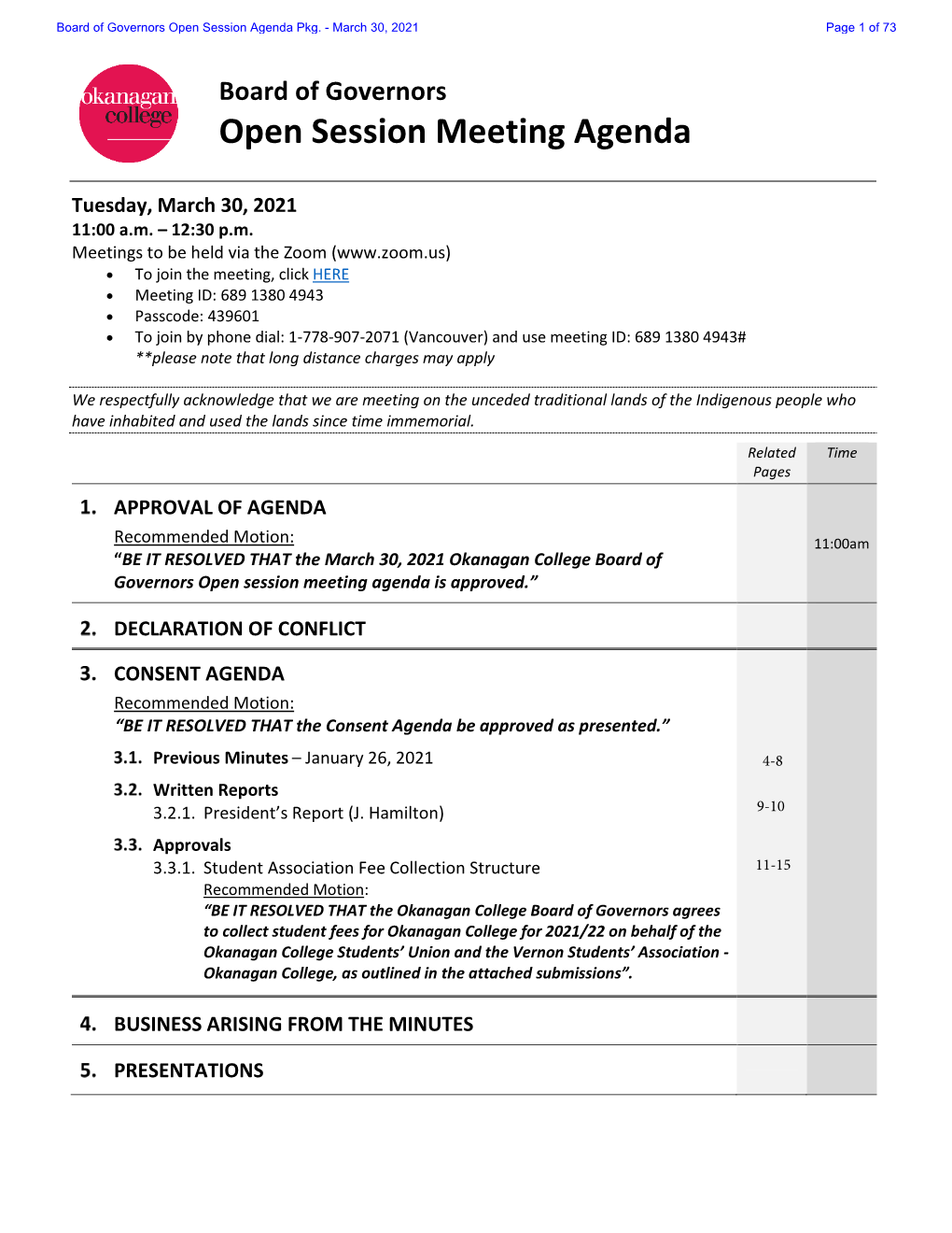 Board of Governors Open Session Agenda Pkg