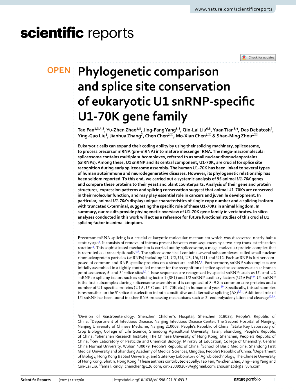 Phylogenetic Comparison and Splice Site Conservation of Eukaryotic U1