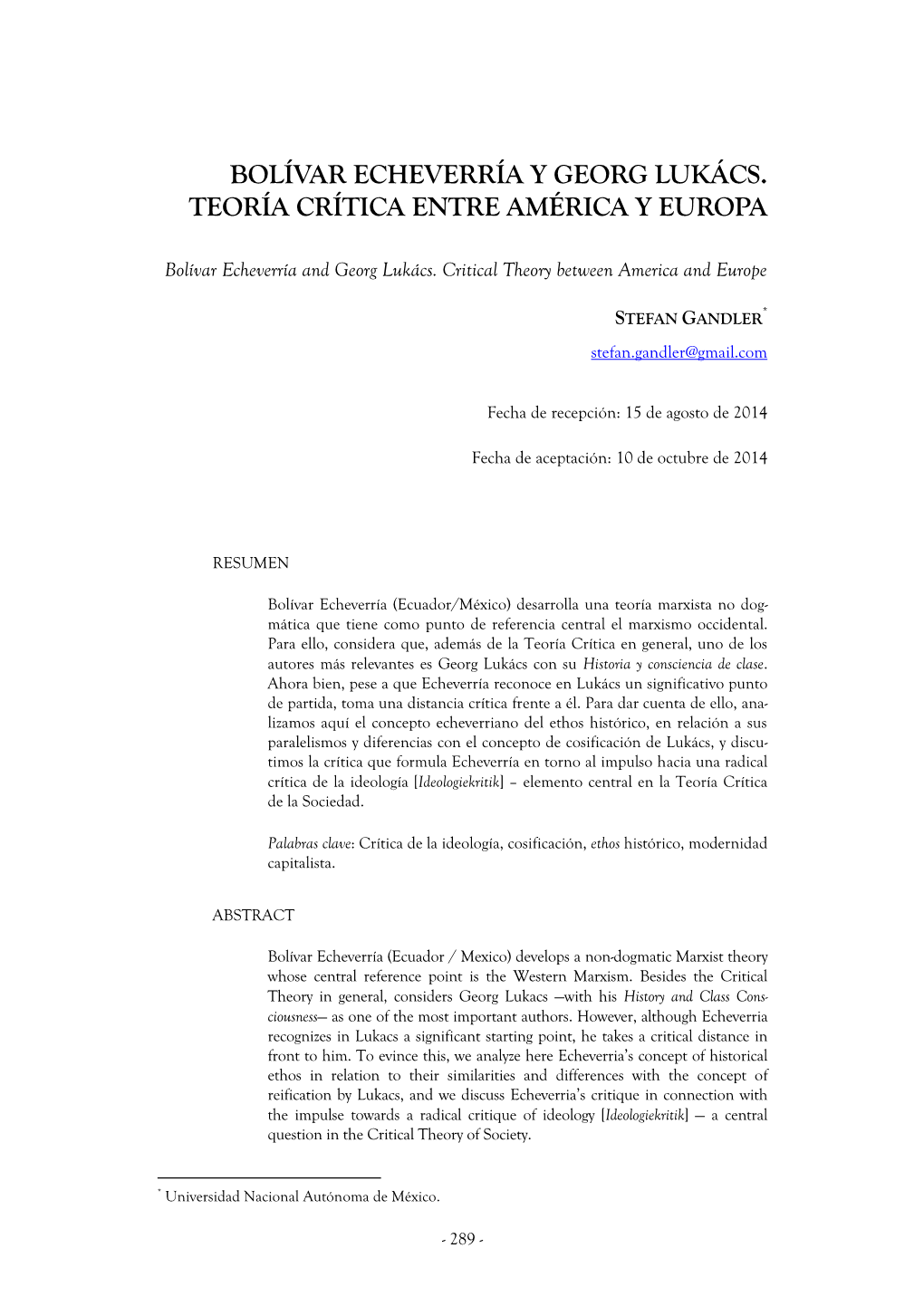 Bolívar Echeverría Y Georg Lukács. Teoría Crítica Entre América Y Europa