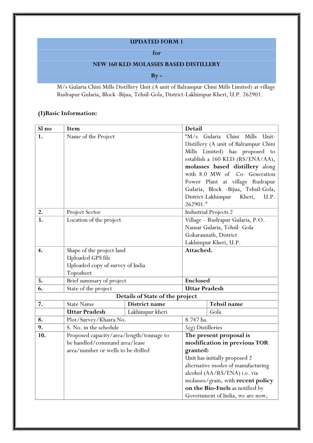 UPDATED FORM 1 for NEW 160 KLD MOLASSES BASED DISTILLERY By