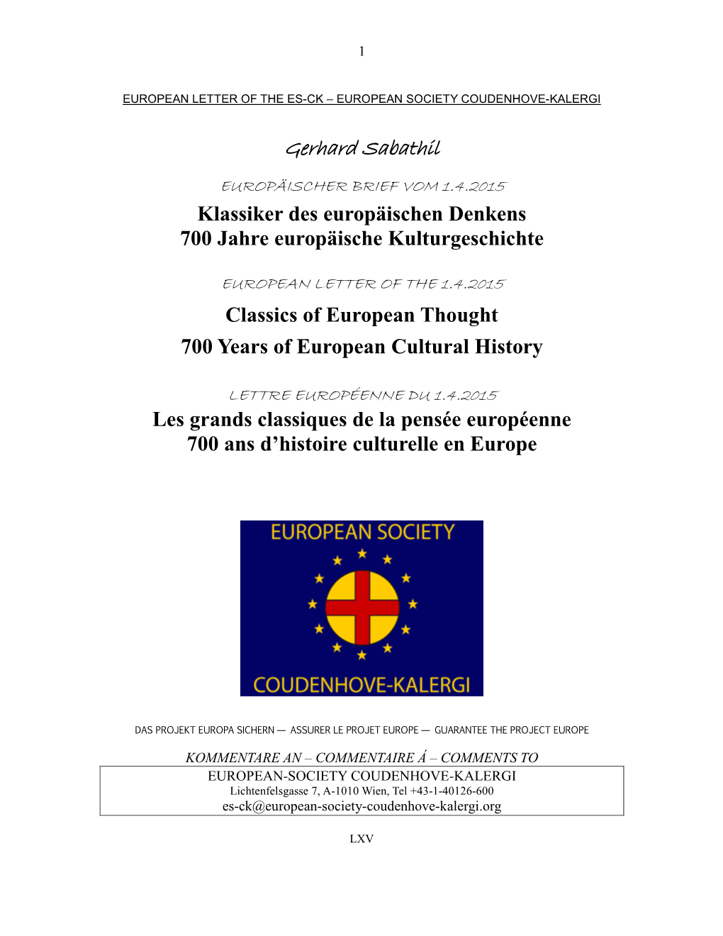 European Letter of the Es-Ck – European Society Coudenhove-Kalergi