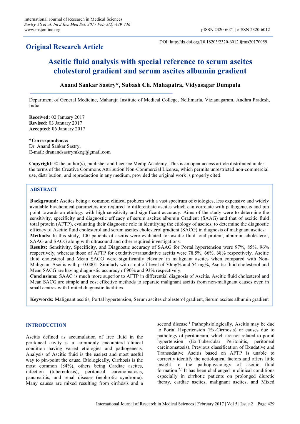 Original Research Article Ascitic Fluid Analysis with Special Reference to Serum Ascites Cholesterol Gradient and Serum Ascites Albumin Gradient