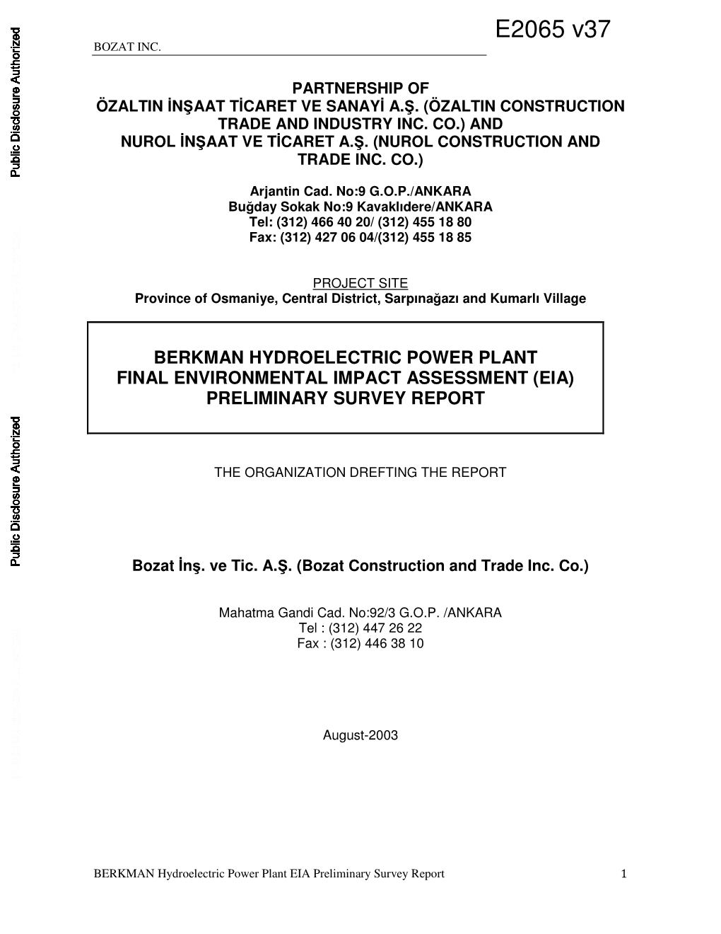 Berkman Hydroelectric Power Plant Final Environmental Impact Assessment