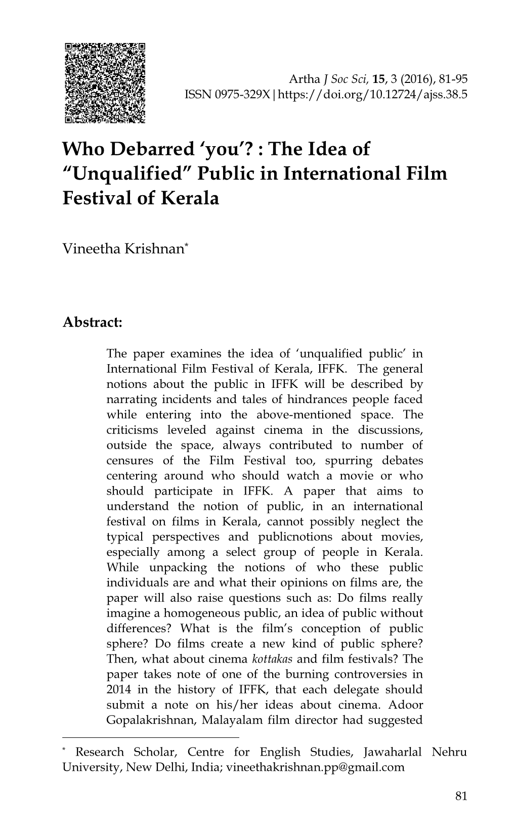 „You‟? : the Idea of “Unqualified” Public in International Film Festival of Kerala