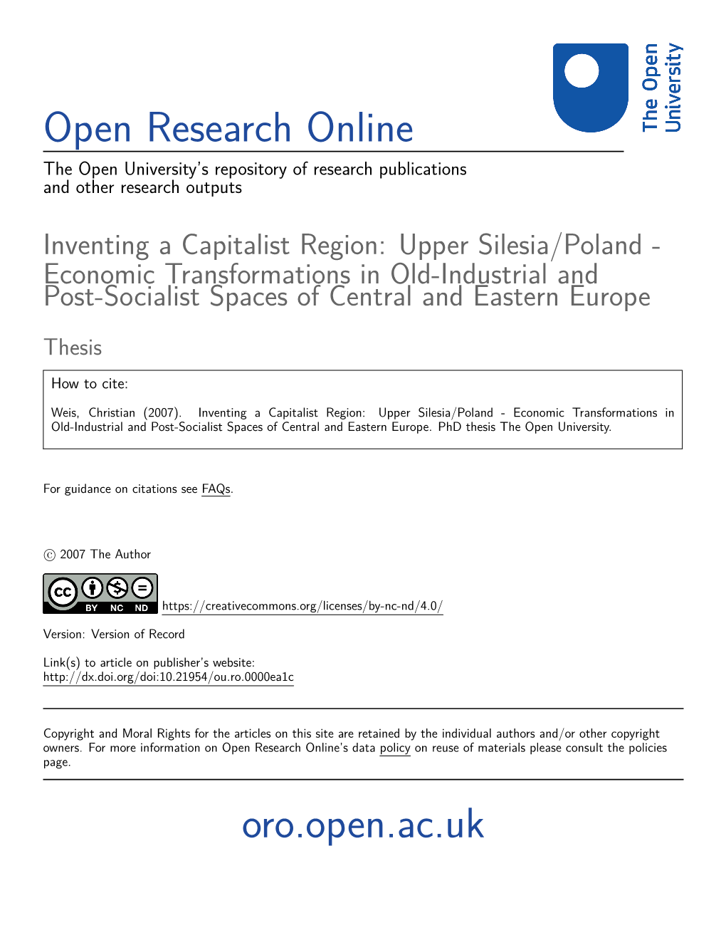 Inventing a Capitalist Region: Upper Silesia/Poland - Economic Transformations in Old-Industrial and Post-Socialist Spaces of Central and Eastern Europe