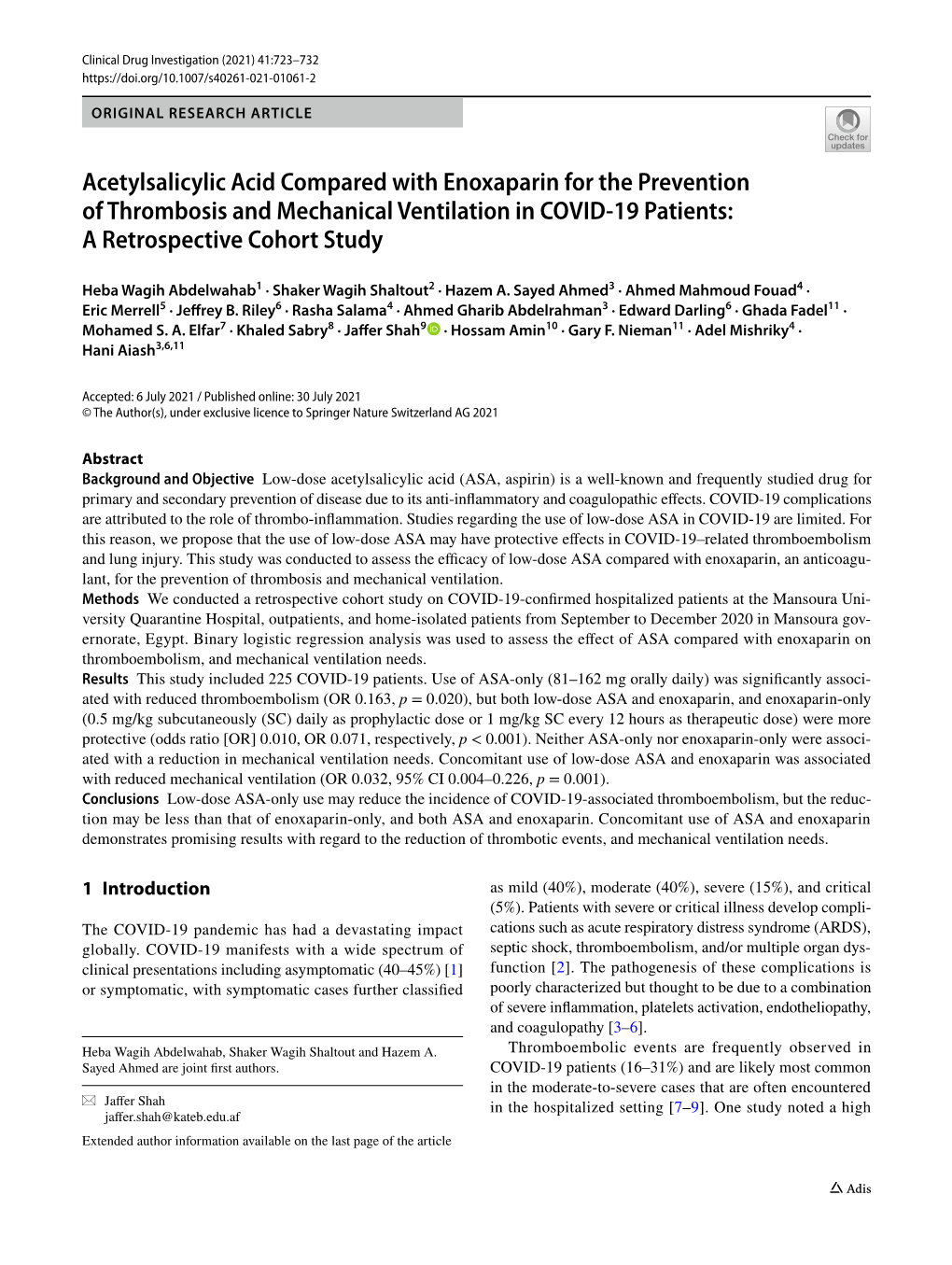 Acetylsalicylic Acid Compared with Enoxaparin for the Prevention of Thrombosis and Mechanical Ventilation in COVID‑19 Patients: a Retrospective Cohort Study