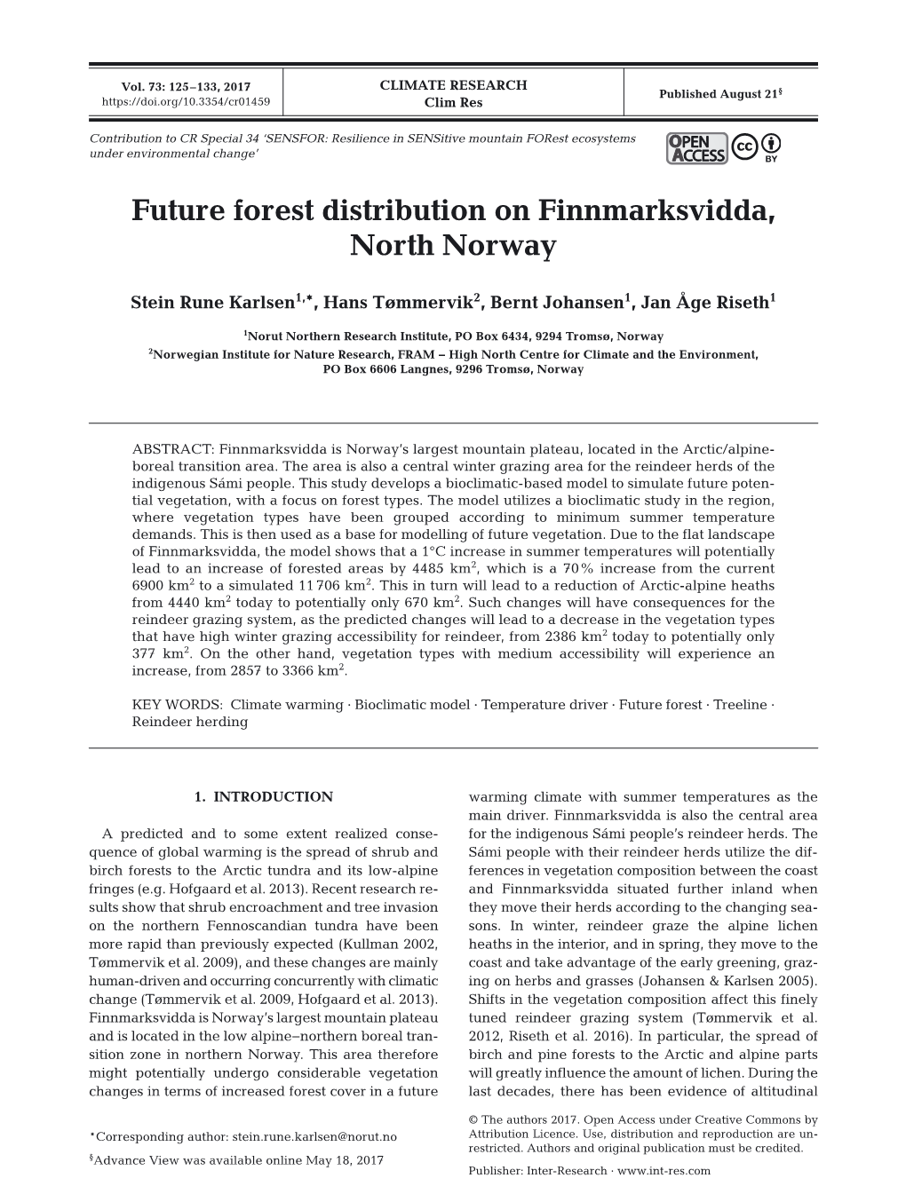 Future Forest Distribution on Finnmarksvidda, North Norway