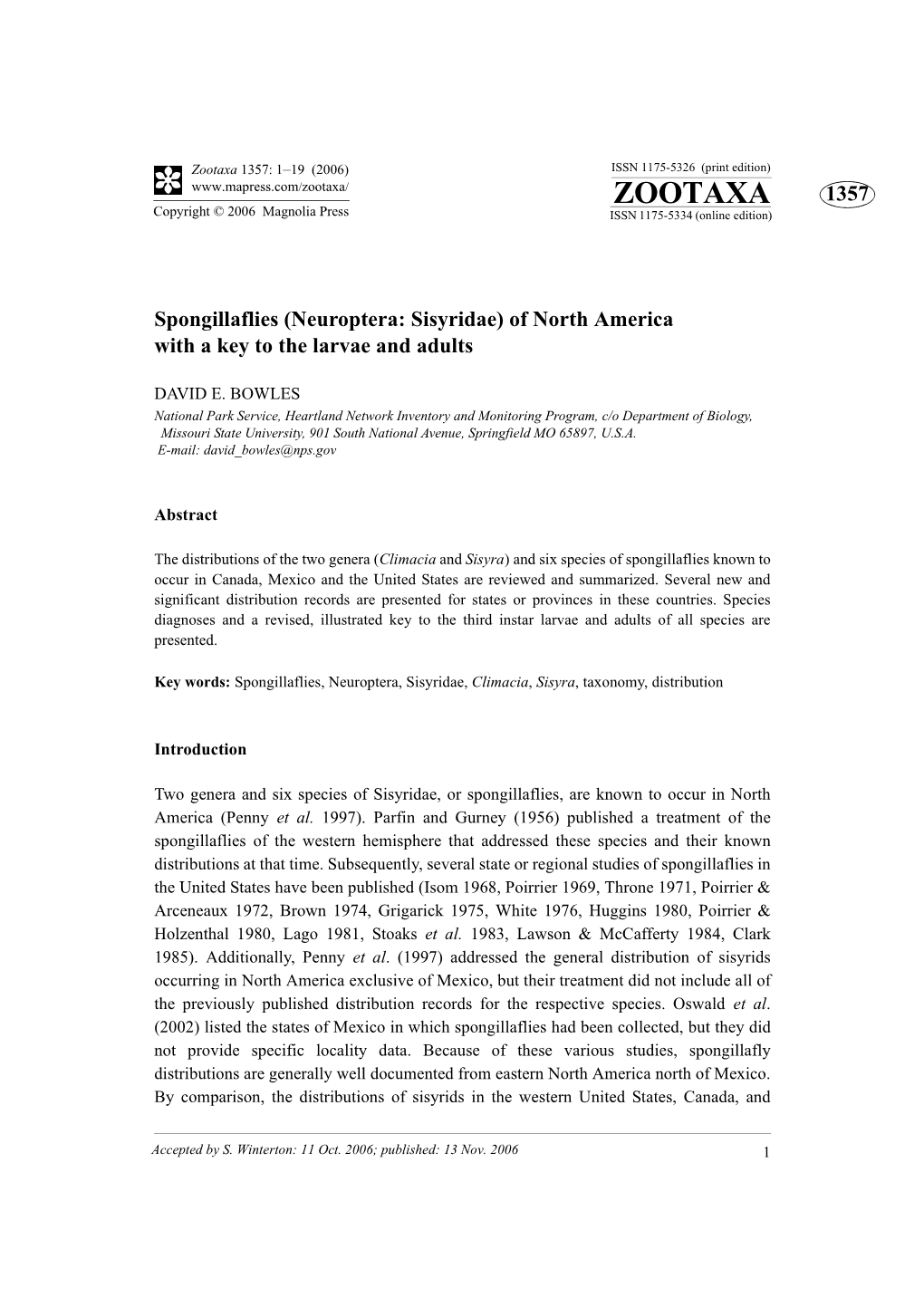 Zootaxa 1357: 1–19 (2006) ISSN 1175-5326 (Print Edition) ZOOTAXA 1357 Copyright © 2006 Magnolia Press ISSN 1175-5334 (Online Edition)