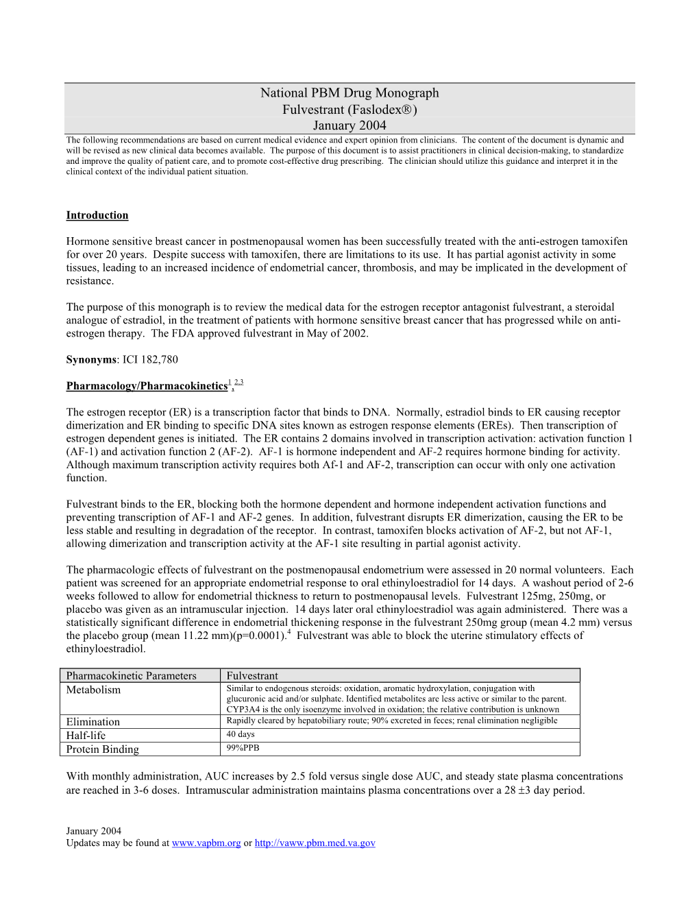 National PBM Drug Monograph Fulvestrant (Faslodex®) January