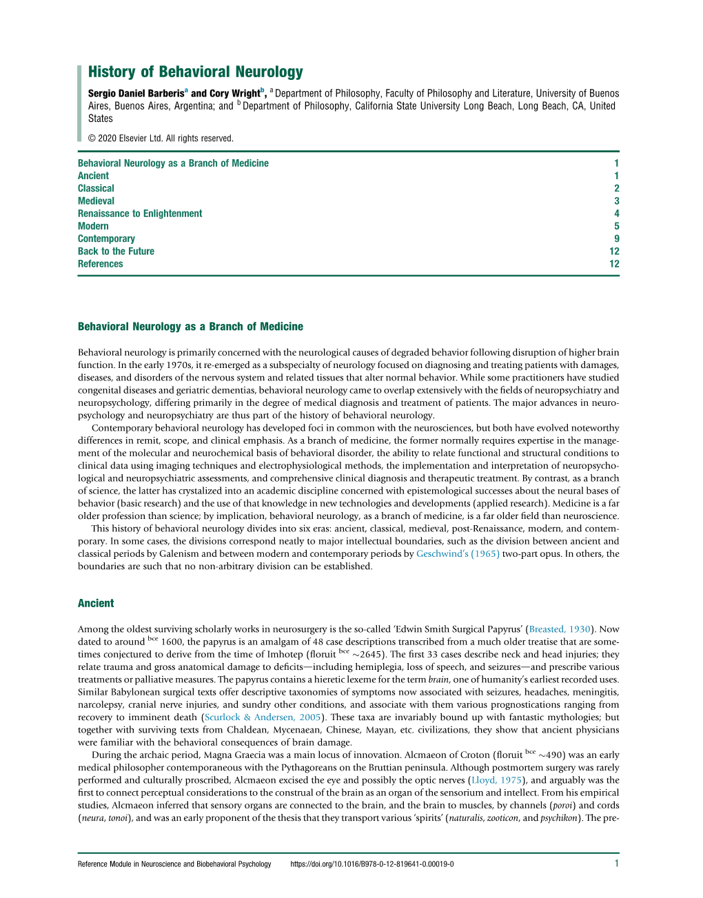 History of Behavioral Neurology