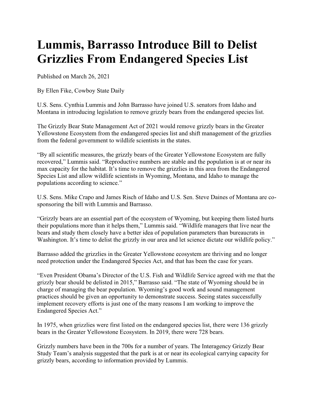 Lummis, Barrasso Introduce Bill to Delist Grizzlies from Endangered Species List