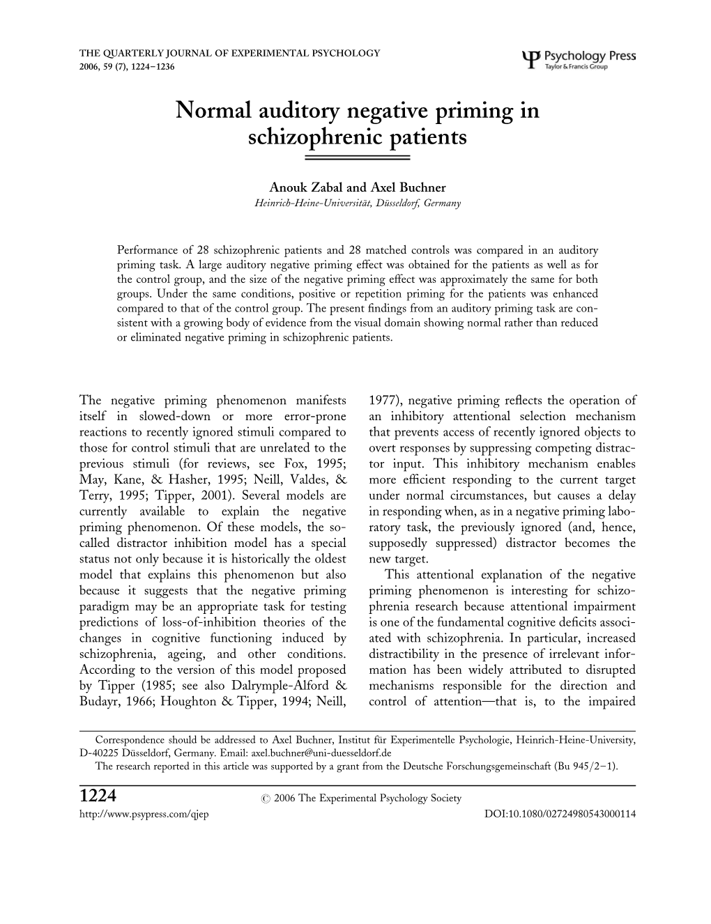 Normal Auditory Negative Priming in Schizophrenic Patients